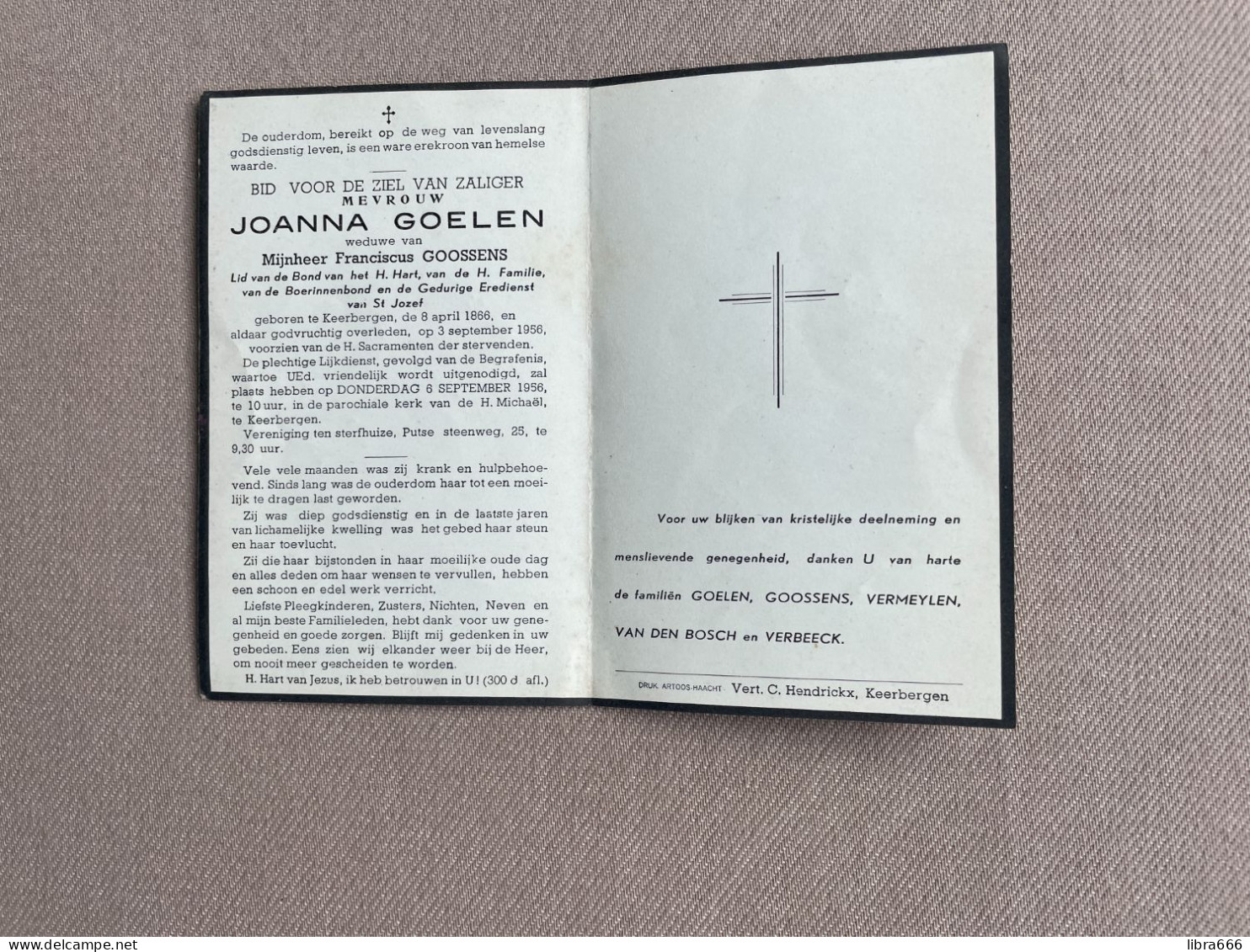 GOELEN Joanna °KEERBERGEN 1866 +KEERBERGEN 1956 - GOOSSENS - VERMEYLEN - VAN DEN BOSCH - VERBEECK - Obituary Notices