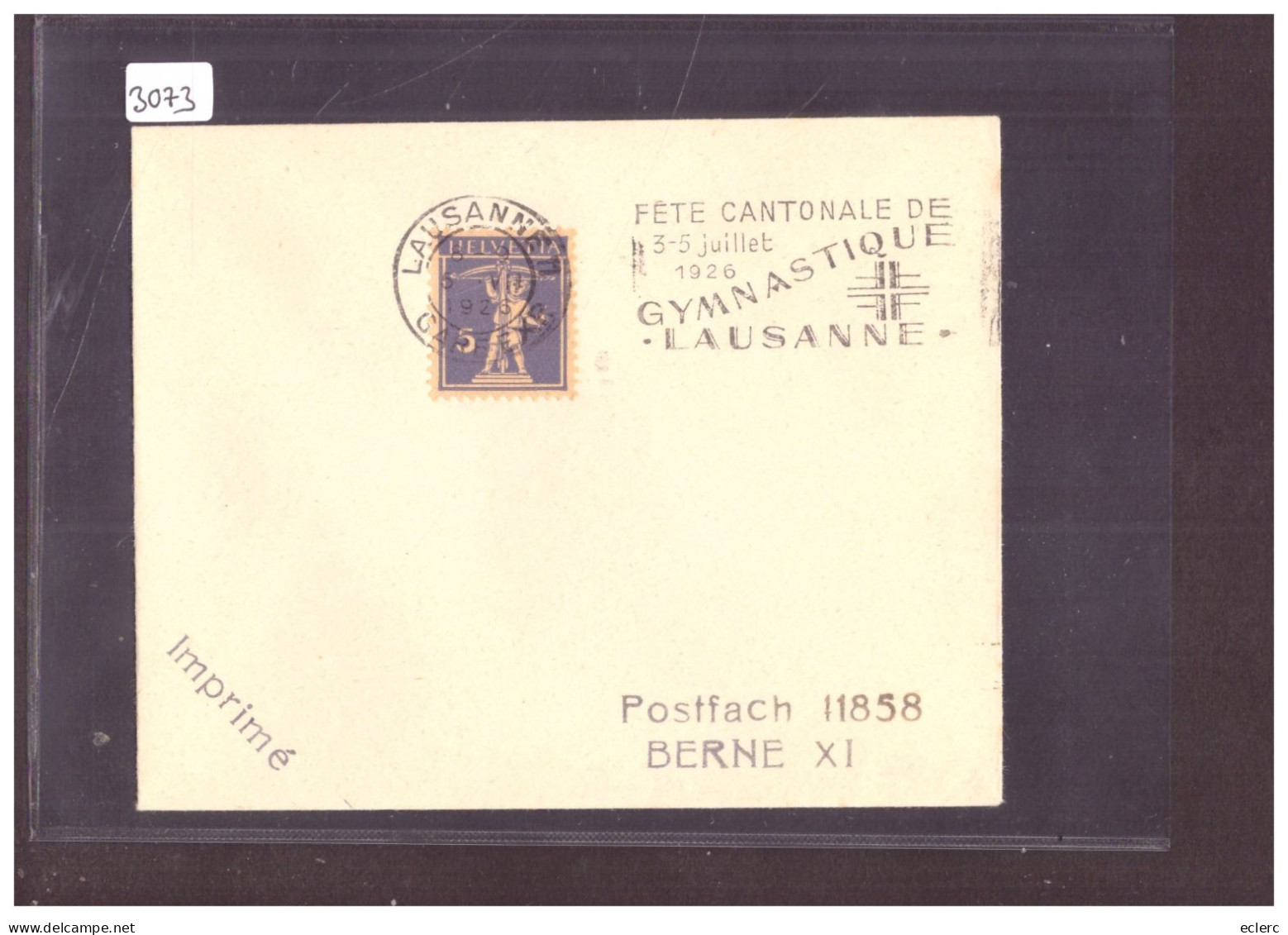 LAUSANNE - FETE CANTONALE DE GYMNASTIQUE 1926 - Postmark Collection