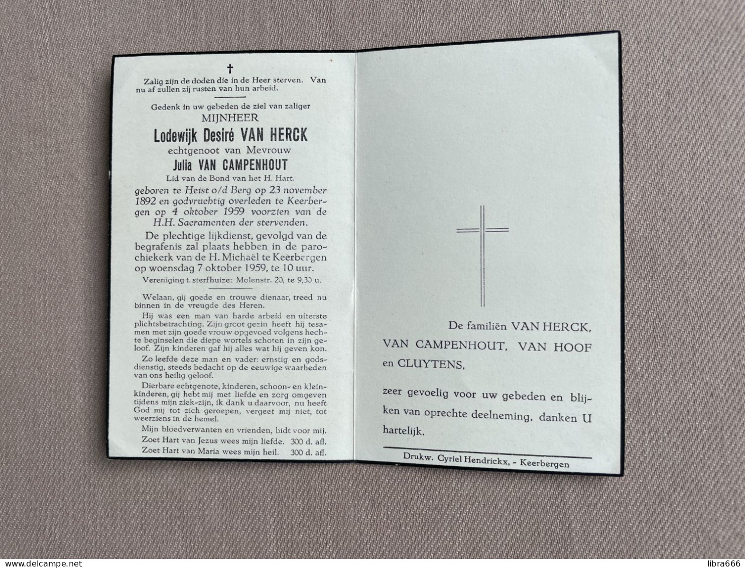 VAN HERCK Lodewijk Desiré °HEIST-OP-DEN-BERG 1892 +KEERBERGEN 1959 - VAN CAMPENHOUT - VAN HOOF - CLUYTENS - Obituary Notices