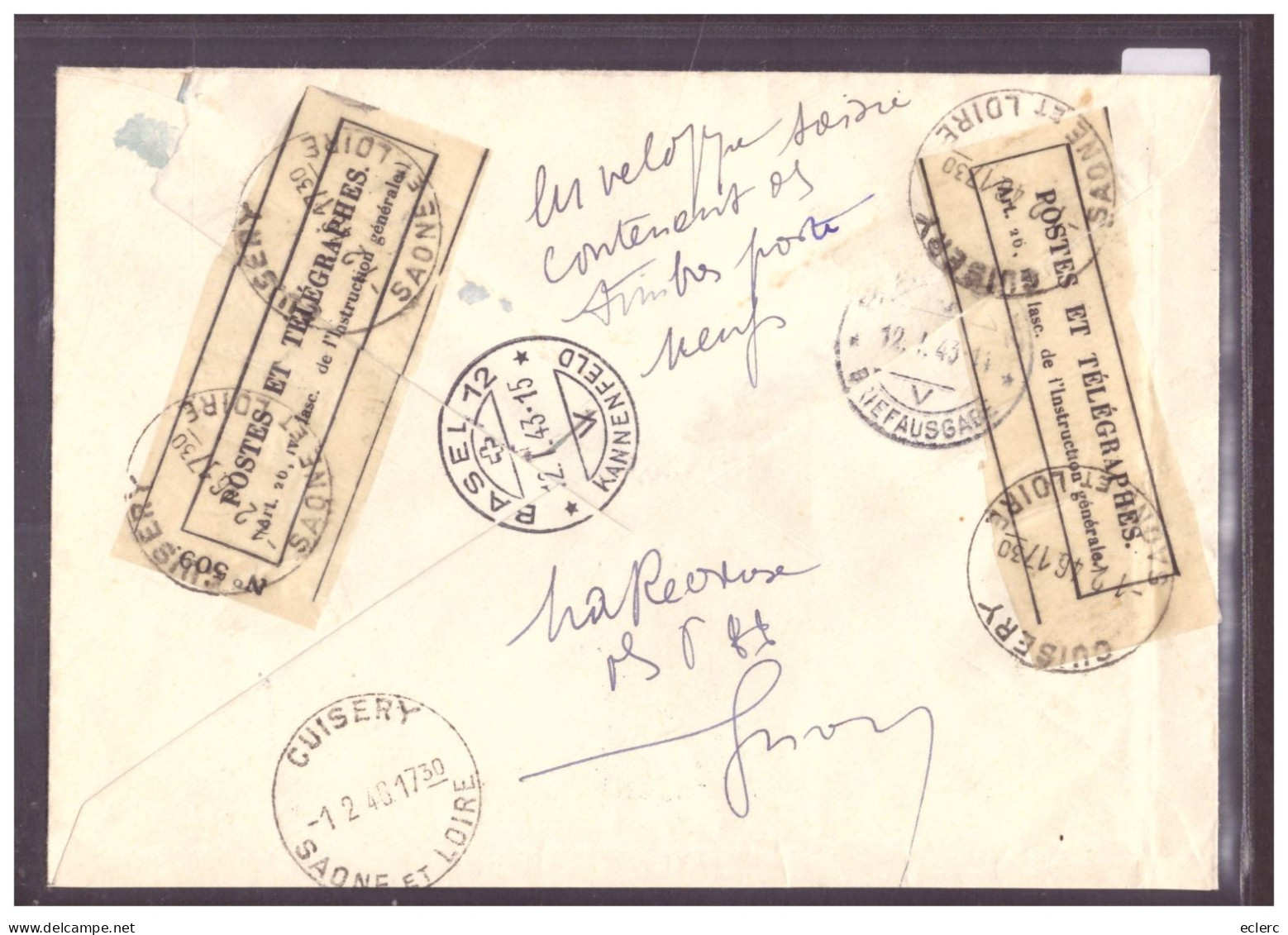 CACHET RETOUR: SERVICE POSTAL SUSPENDU POUR LA FRANCE - RECOMMANDE PRO JUVENTUTE - Postmark Collection