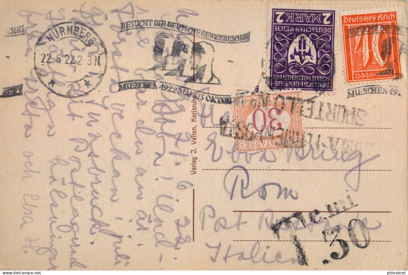 1922 NÜRNBERG - ROMA , T.P. CIRCULADA , TASA , TAXE " ROMA FERME IN POSTA / SPORTELLO " , POSTE RESTANTE - Lettres & Documents