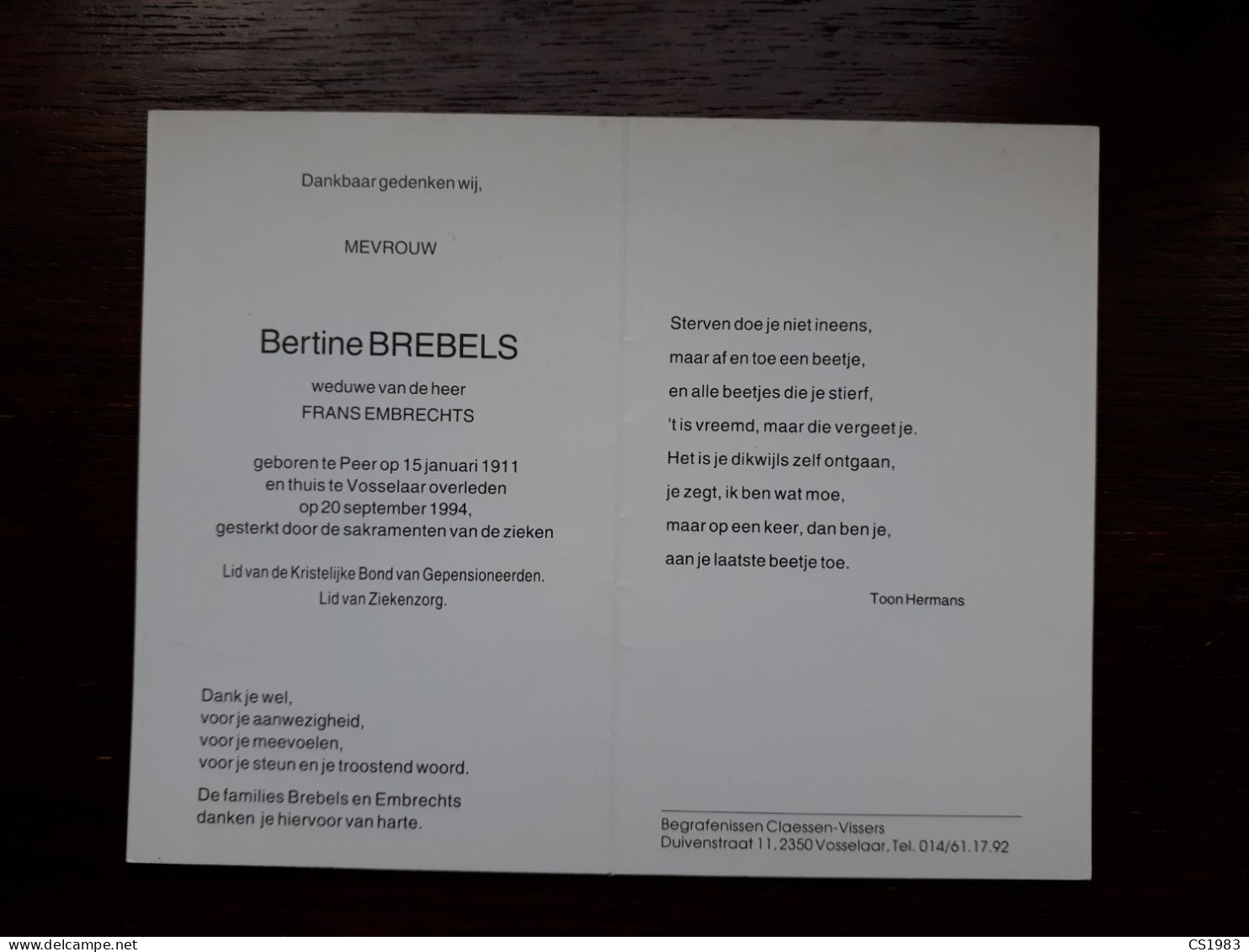 Bertine Brebels ° Peer 1911 + Vosselaar 1994 X Frans Embrechts - Décès