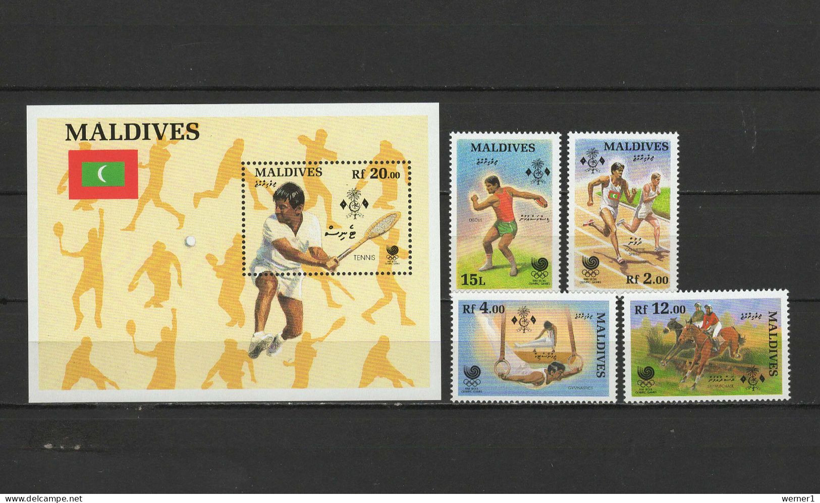 Maldives 1988 Olympic Games Seoul, Tennis, Athletics, Equestrian Set Of 4 + S/s MNH - Sommer 1988: Seoul