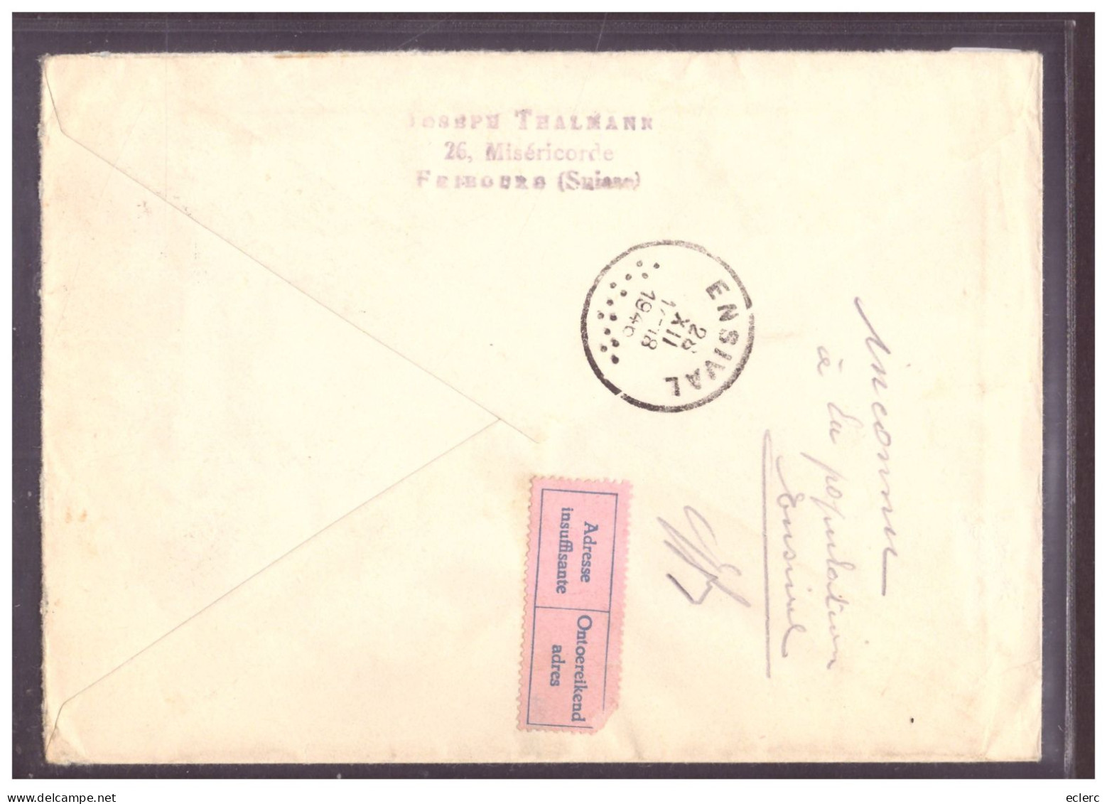 RETOUR - ETIQUETTE ADRESSE  INSUFFISANTE POUR LA BELGIQUE - - Postmark Collection
