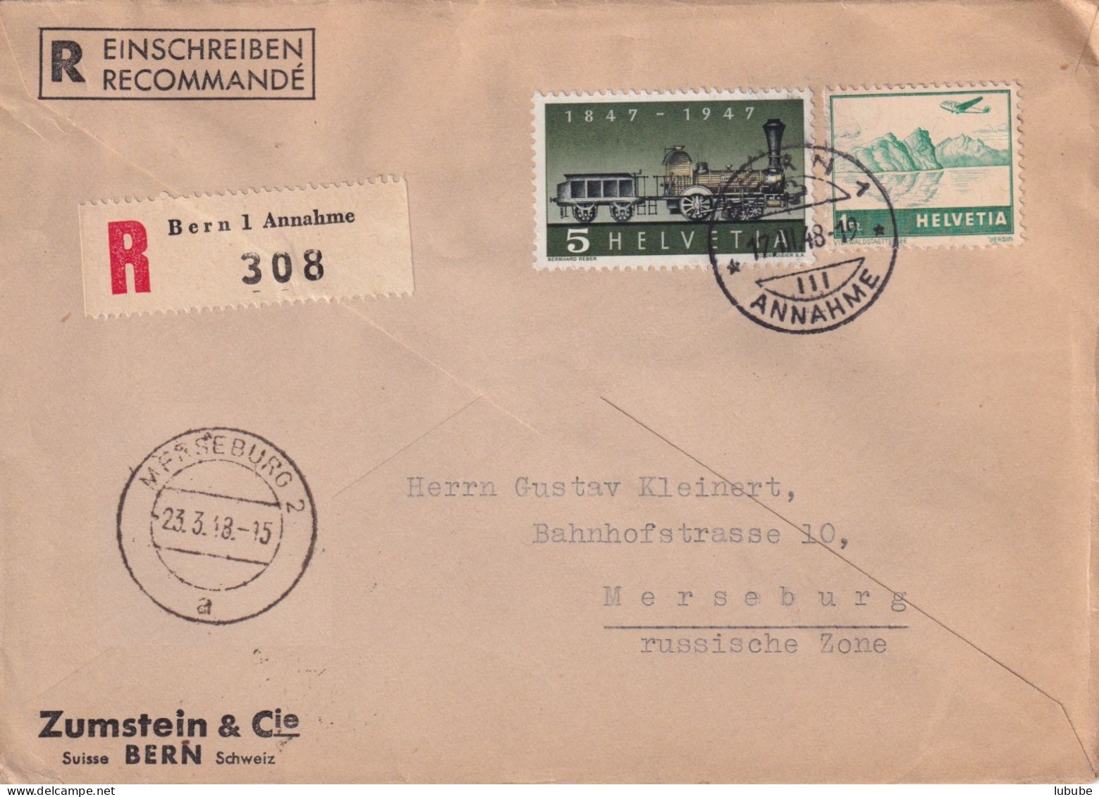 R Brief  "Zumstein, Bern" - Merseburg  (2.Gewichtsklasse)        1948 - Cartas & Documentos