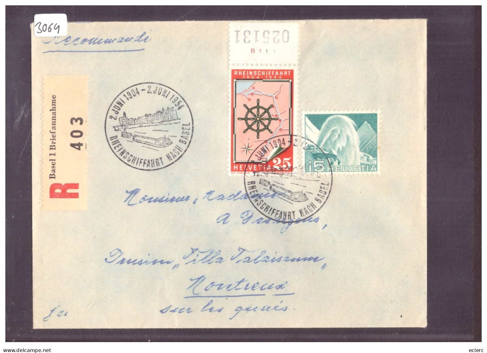 RECOMMANDE - RHEINSCHIFFAHRT NACH BASEL 1954 - Covers & Documents