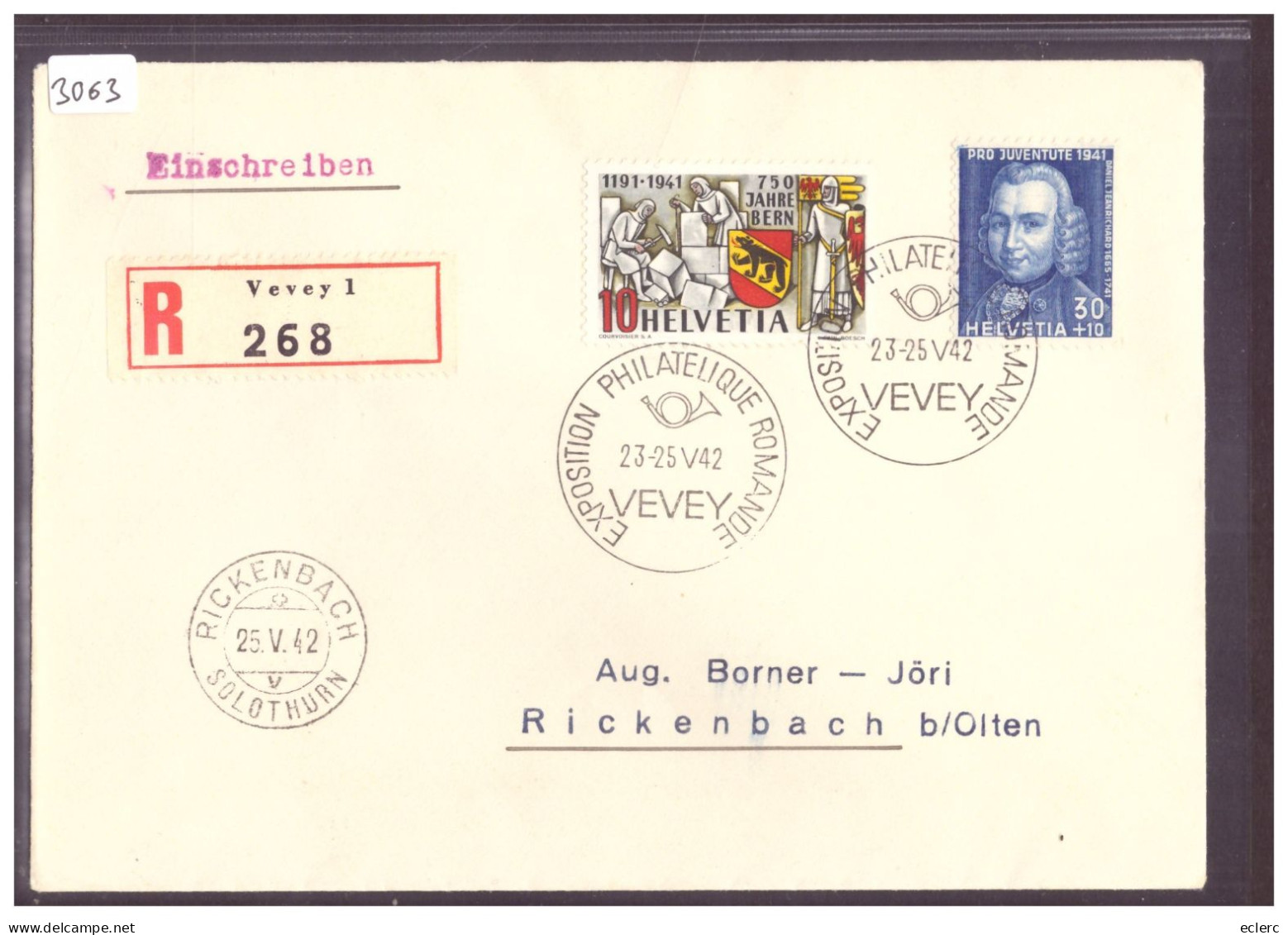 RECOMMANDE - VEVEY - EXPOSITION PHILATELIQUE ROMANDE 1942 - Storia Postale