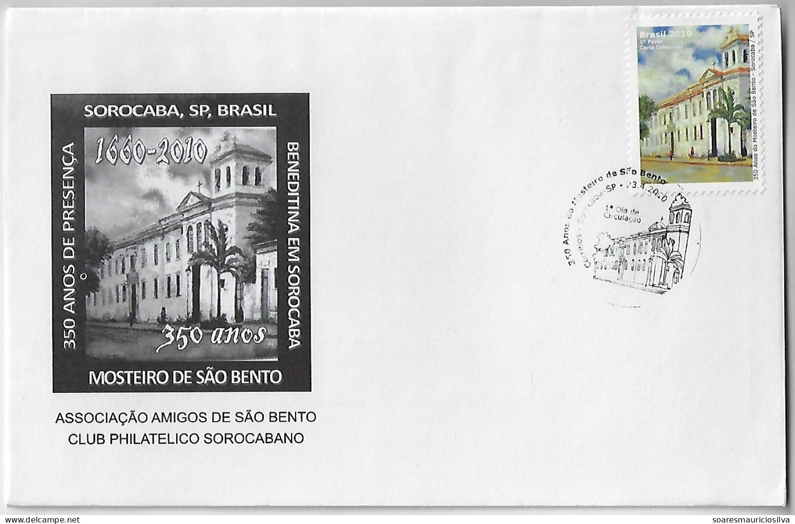 Brazil 2010 Cover Stamp Commemorative Cancel 350 Years Of The Benedictine Presence In Sorocaba Christian Religion Church - Cartas & Documentos