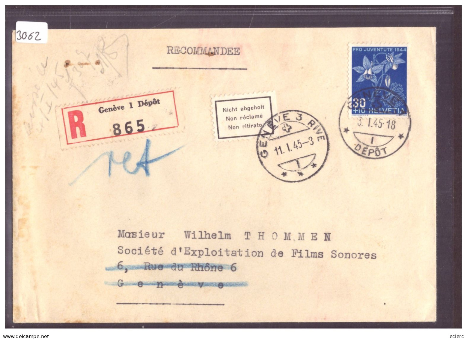 RECOMMANDE GENEVE - ETIQUETTE NON RECLAME - Storia Postale