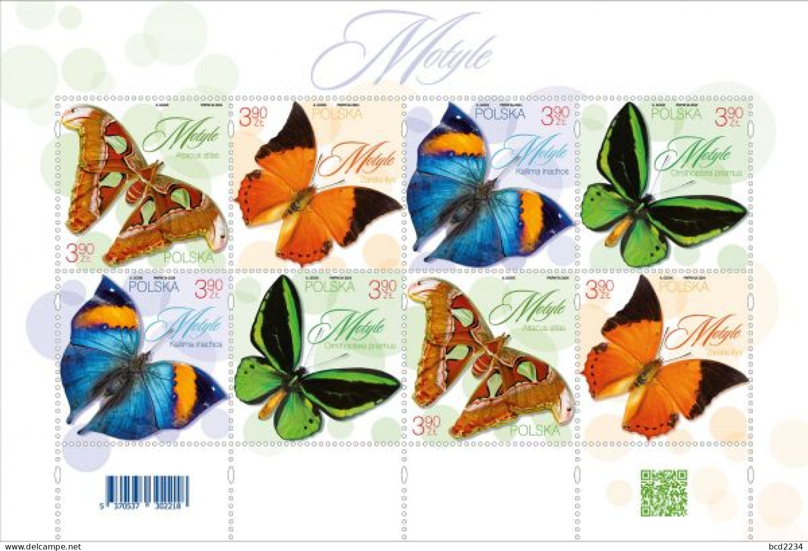 POLAND 2024 BUTTERFLY BUTTERFLIES INSECT COMPLETE SHEET OF 8 STAMPS NHM - Api