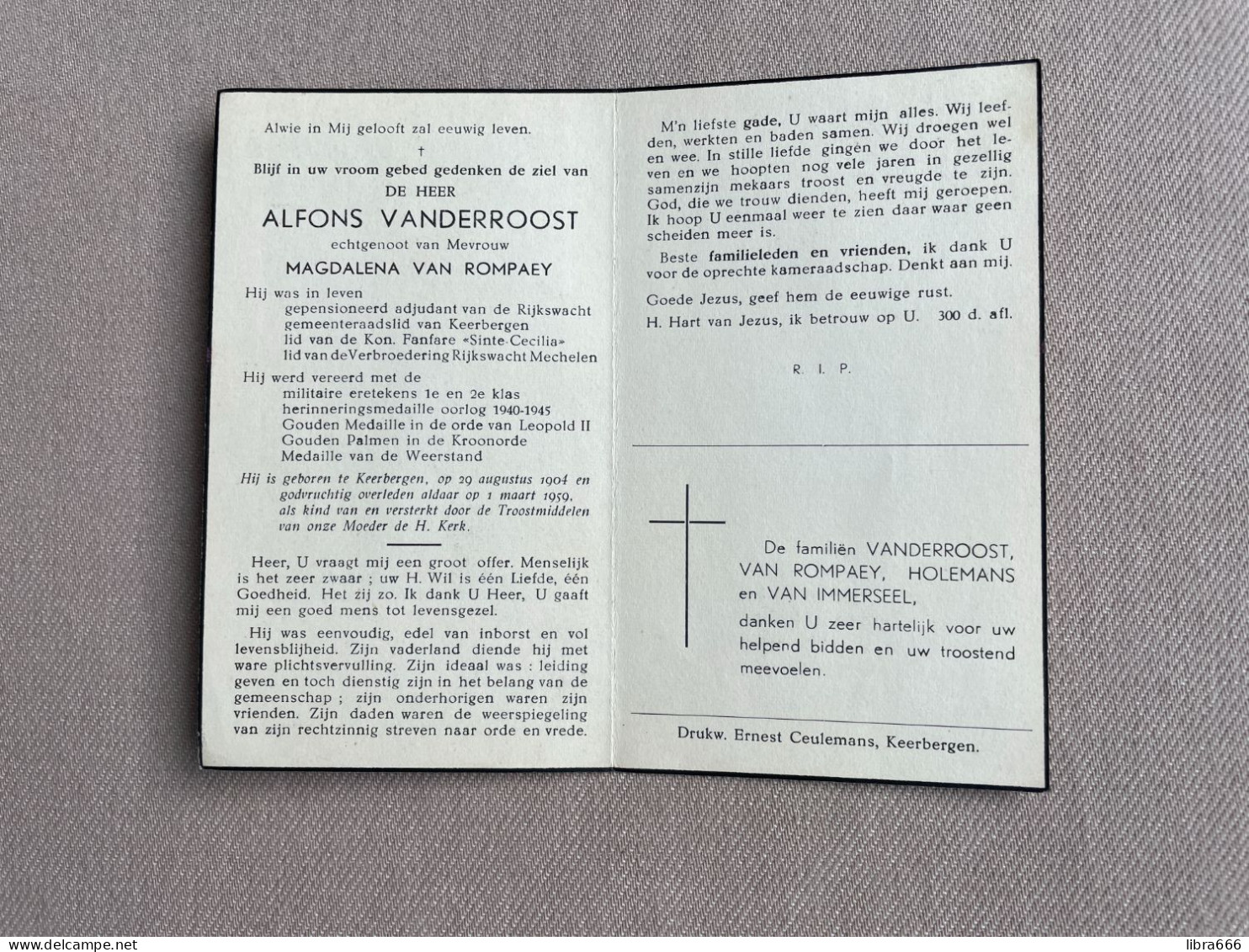 VANDERROOST Alfons °KEERBERGEN 1904 +KEERBERGEN 1959 - VAN ROMPAEY - HOLEMANS - VAN IMMERSEEL - Gep. Adjudant Rijkswacht - Obituary Notices