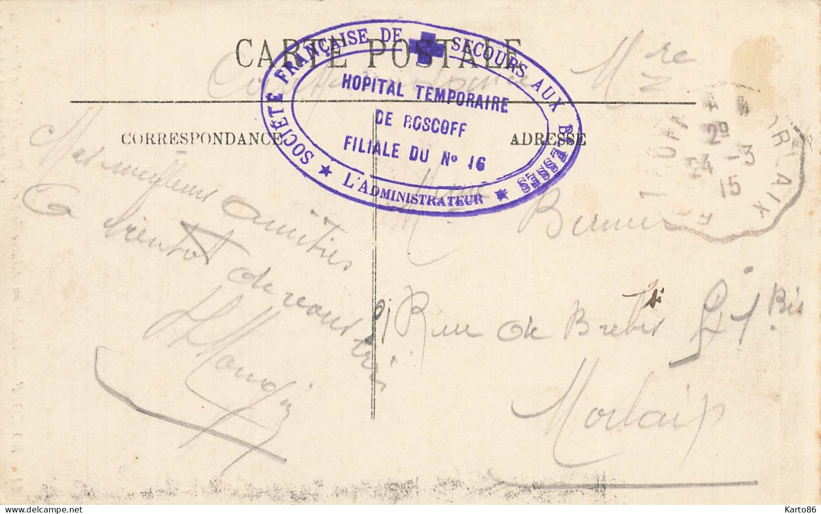 Roscoff * CACHET Société Française De Secours Hôpital Temporaire Filiale Du N°16 Croix Rouge * Surc CPA Rétable - Roscoff