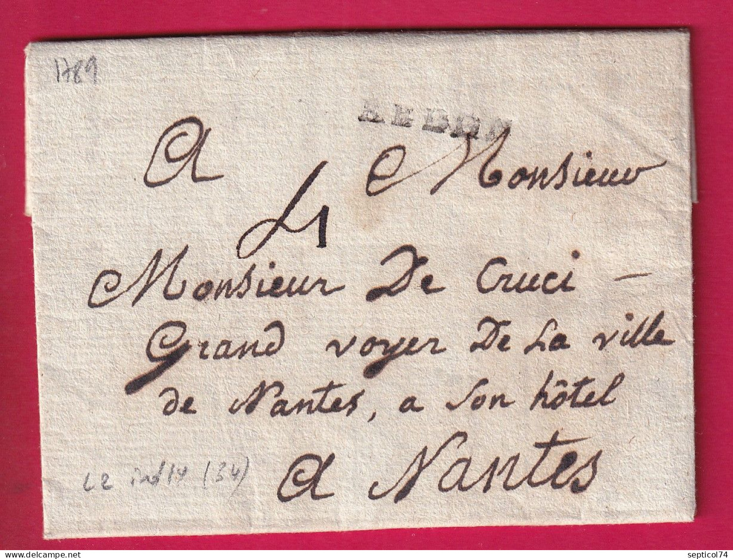 MARQUE REDON ILLE ET VILAINE 1789 LENAIN N°2 INDICE 14 POUR NANTES LETTRE - 1701-1800: Précurseurs XVIII