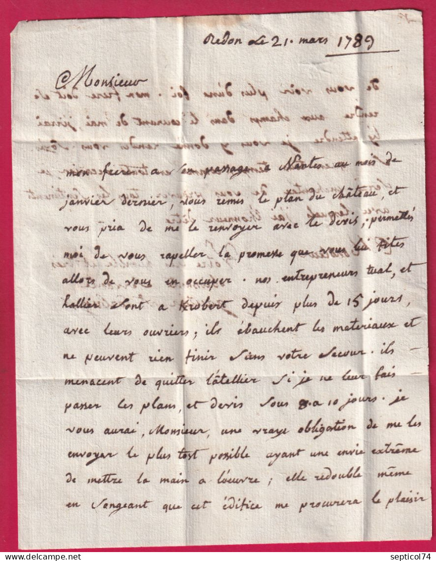 MARQUE REDON ILLE ET VILAINE 1789 LENAIN N°2 INDICE 14 POUR NANTES LETTRE - 1701-1800: Précurseurs XVIII