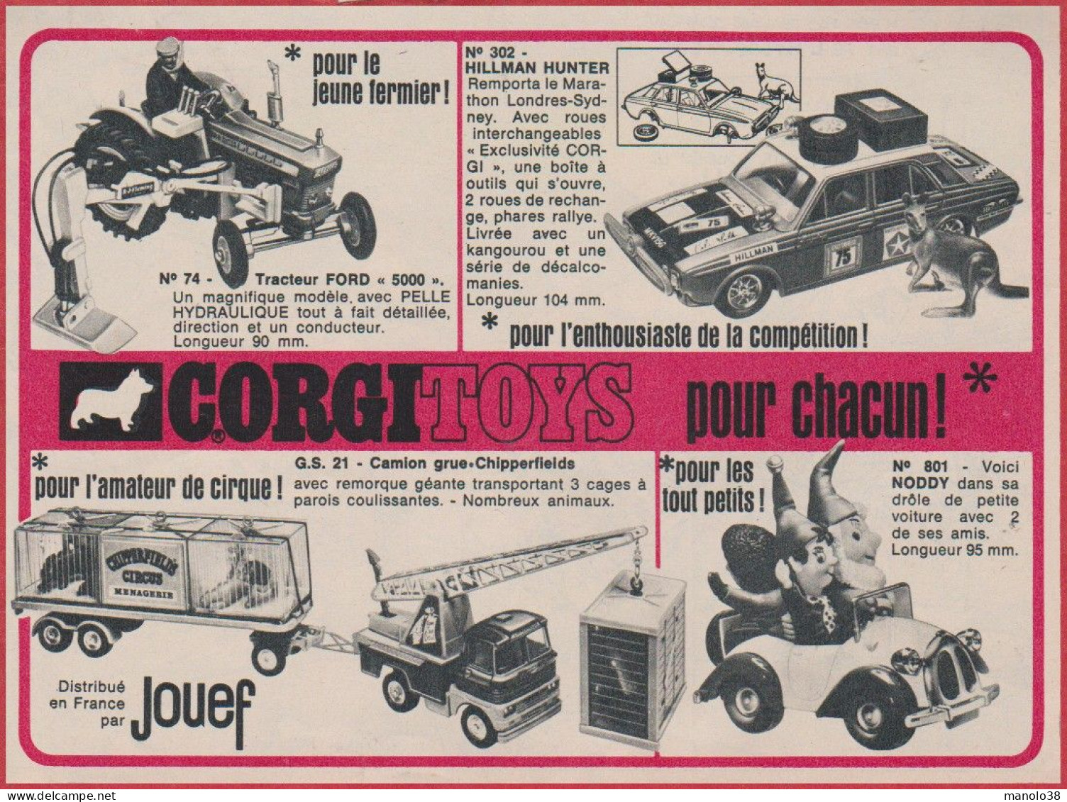 Tracteur Ford, Hillman Hunter, Camion Grue Cirque, Noddy. Corgi Toys. Jouef. Voiture Miniature. 1969. - Publicidad