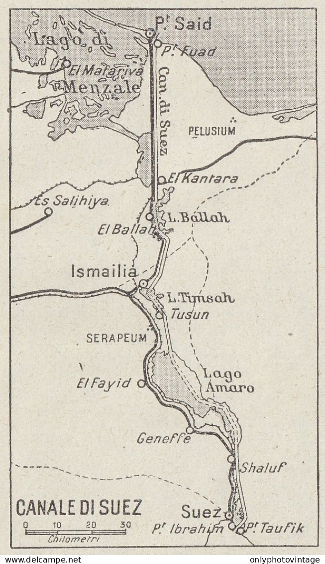 Egitto - Canale Di Suez - Carta Geografica D'epoca - 1936 Vintage Map - Cartes Géographiques