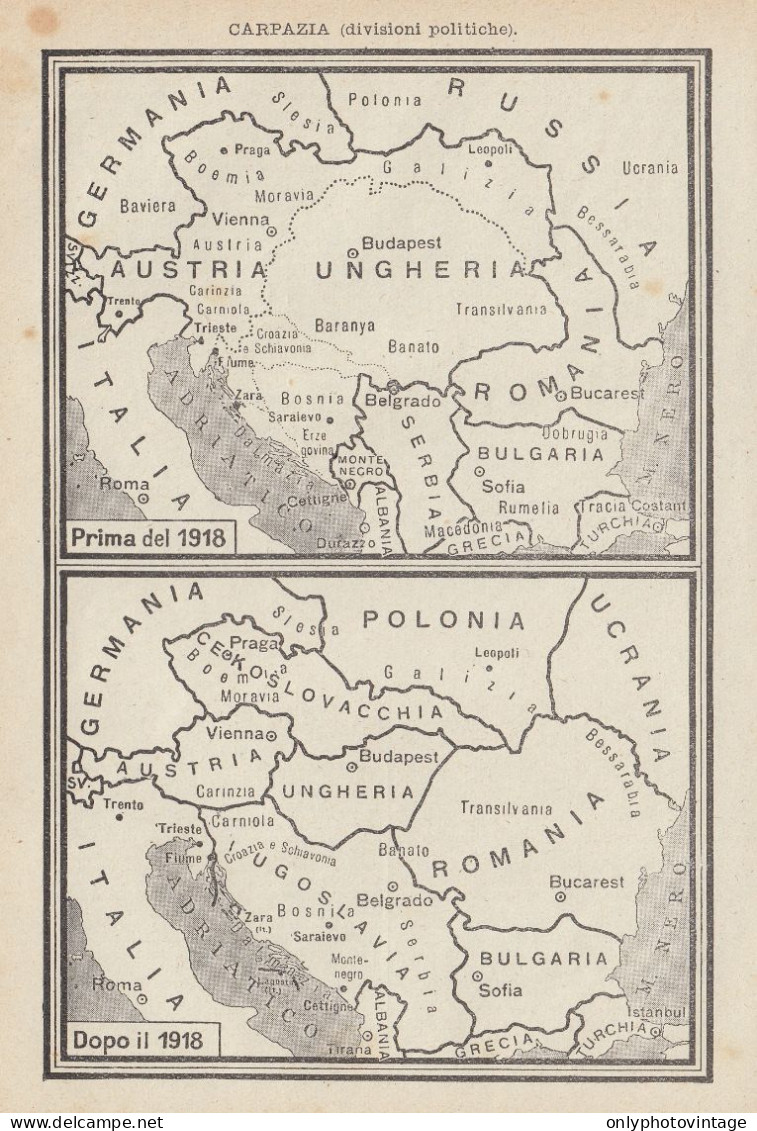 Carpazia Prima E Dopo Il 1918 - Carta Geografica D'epoca - 1936 Old Map - Carte Geographique