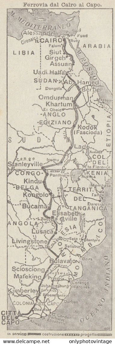 Ferrovia Dal Cairo A Città Del Capo - Carta Geografica D'epoca - 1936 Map - Carte Geographique