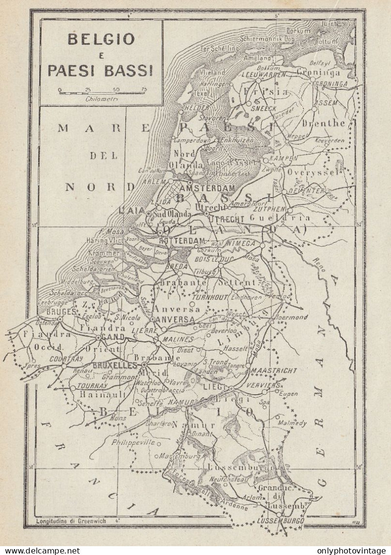 Belgio E Paesi Bassi - Carta Geografica D'epoca - 1936 Vintage Map - Cartes Géographiques