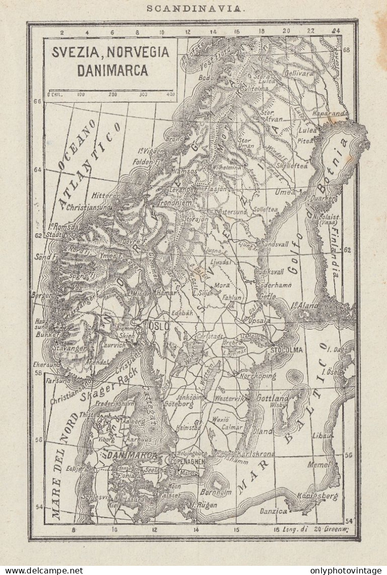 Svezia, Norvegia E Danimarca - Carta Geografica D'epoca - 1936 Vintage Map - Landkarten