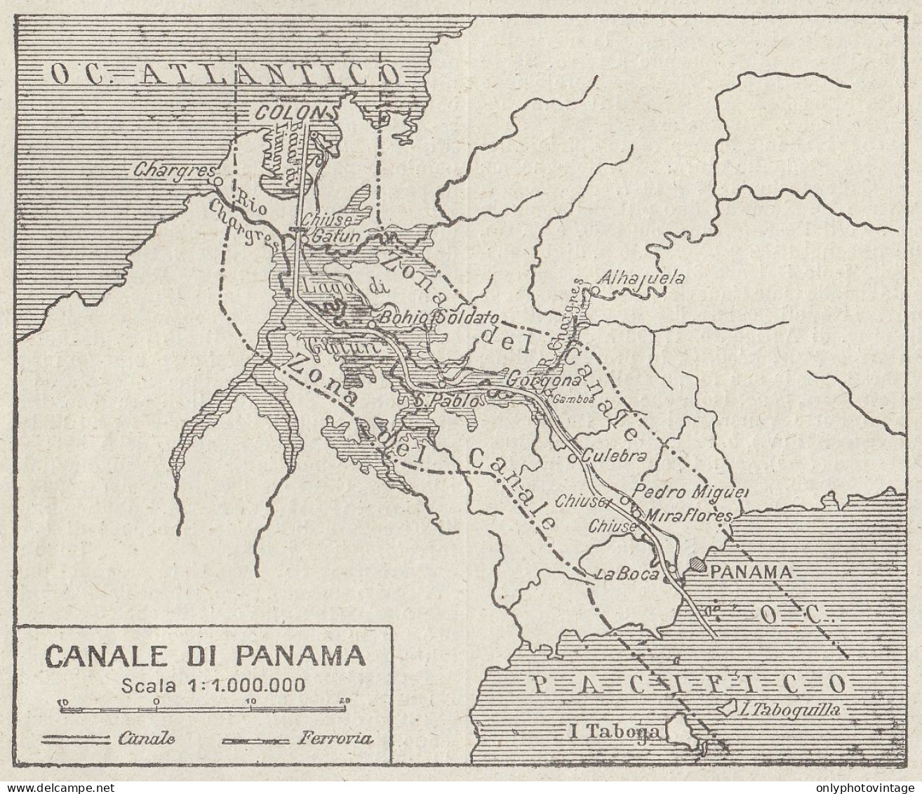 Canale Di Panama - Carta Geografica D'epoca - 1936 Vintage Map - Cartes Géographiques