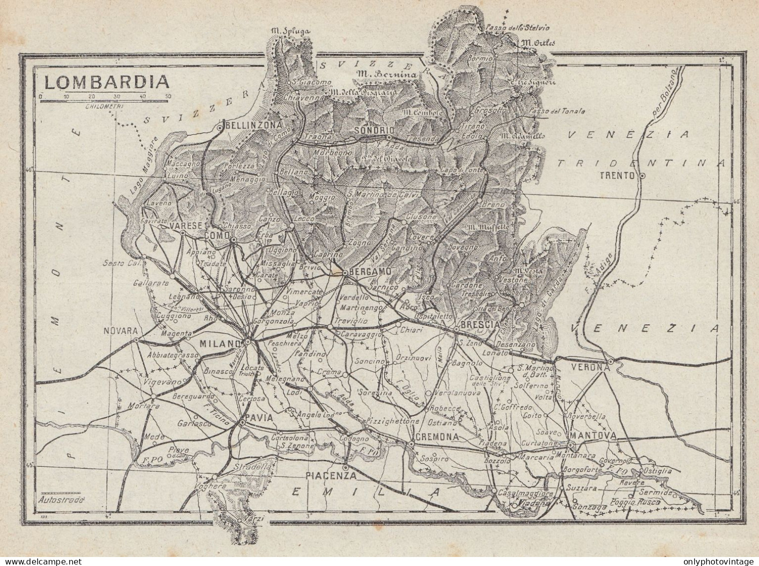 Lombardia - Carta Geografica D'epoca - 1936 Vintage Map - Landkarten