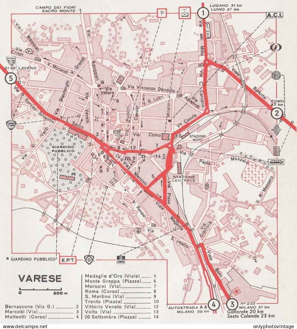 Pianta Della Città Di Varese - Mappa Geografica D'epoca - 1967 Vintage Map - Carte Geographique