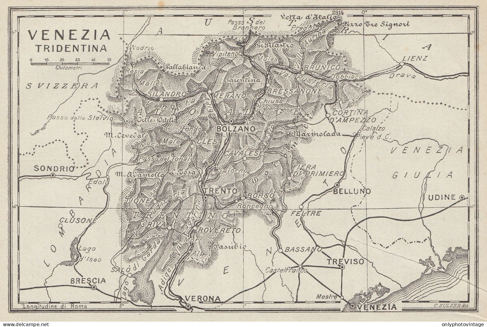 Venezia Tridentina - Carta Geografica D'epoca - 1936 Vintage Map - Carte Geographique