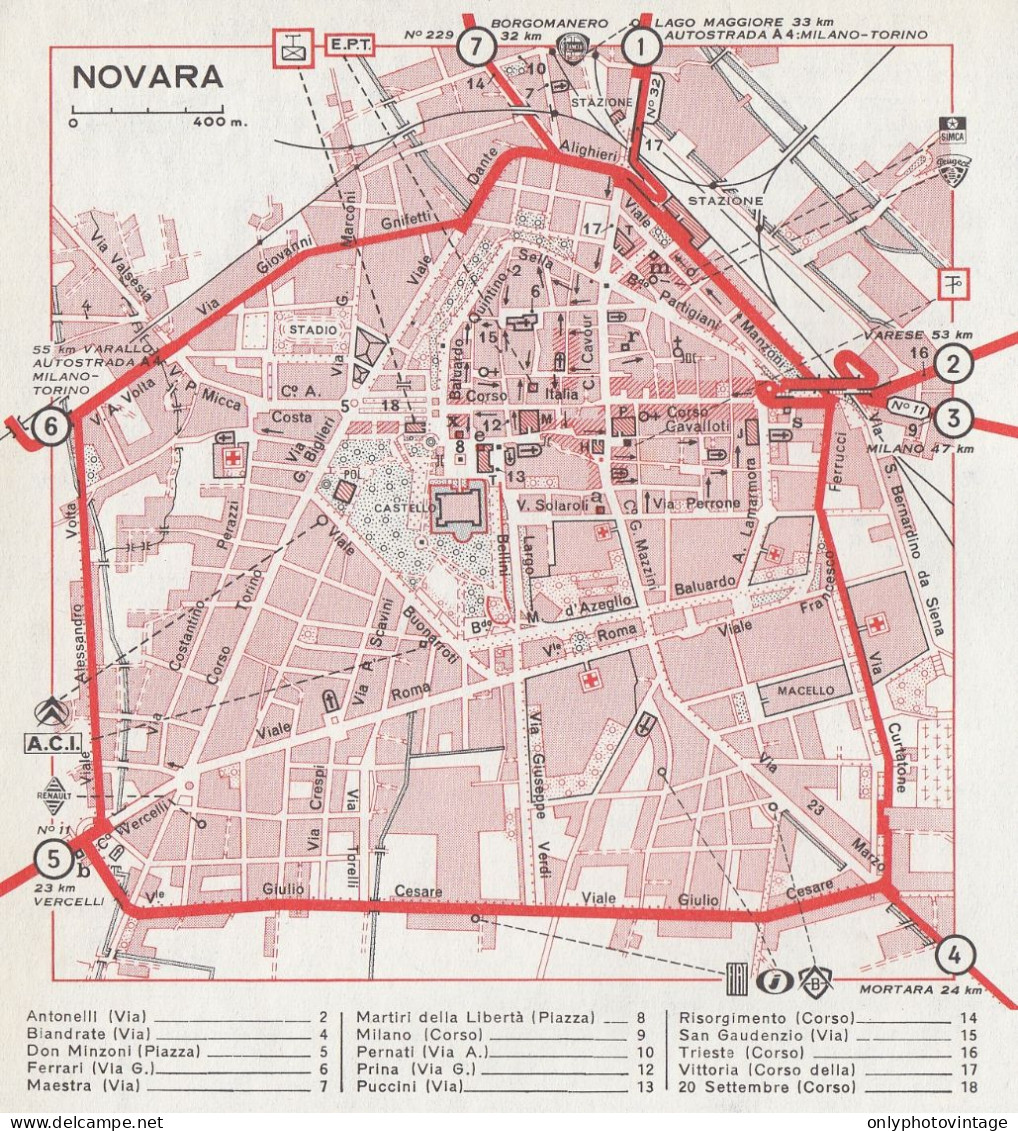 Pianta Della Città Di Novara - Mappa Geografica D'epoca - 1967 Vintage Map - Carte Geographique