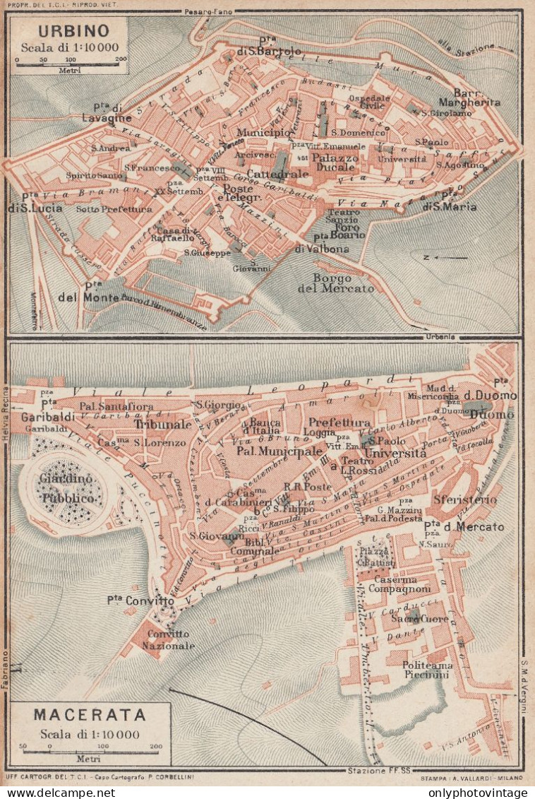 Piante Delle Città Di Urbino E Macerata - Mappa D'epoca - 1924 Vintage Map - Landkarten