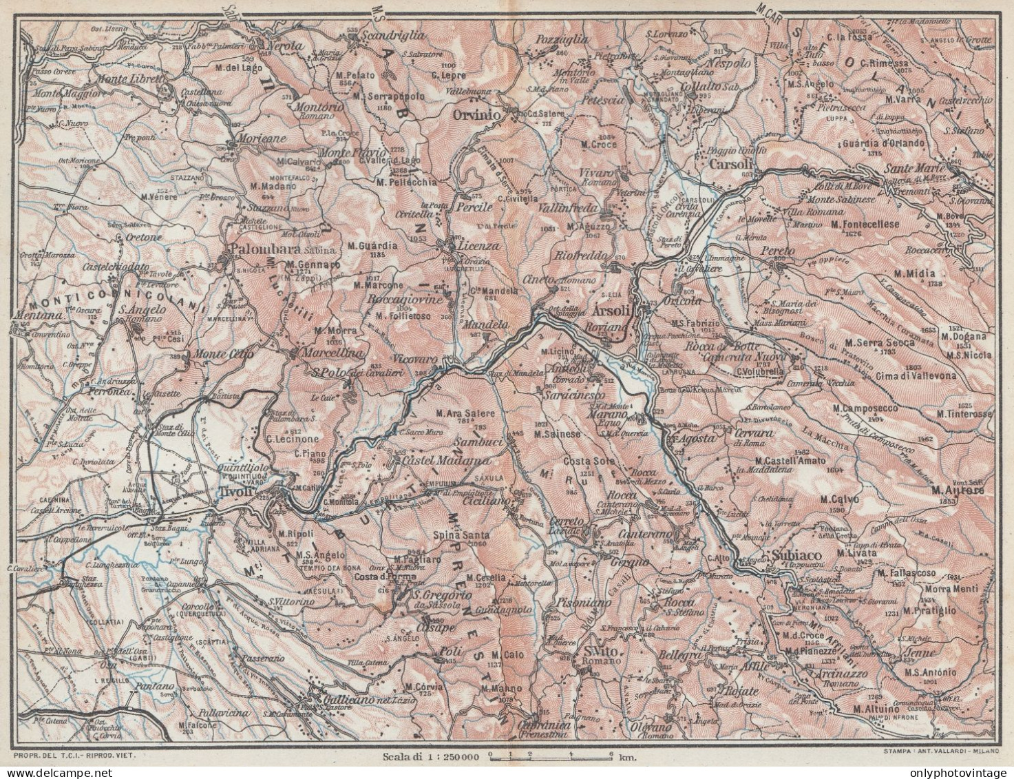 Monti Tiburtini E Dintorni - Mappa Geografica D'epoca - 1924 Vintage Map - Landkarten