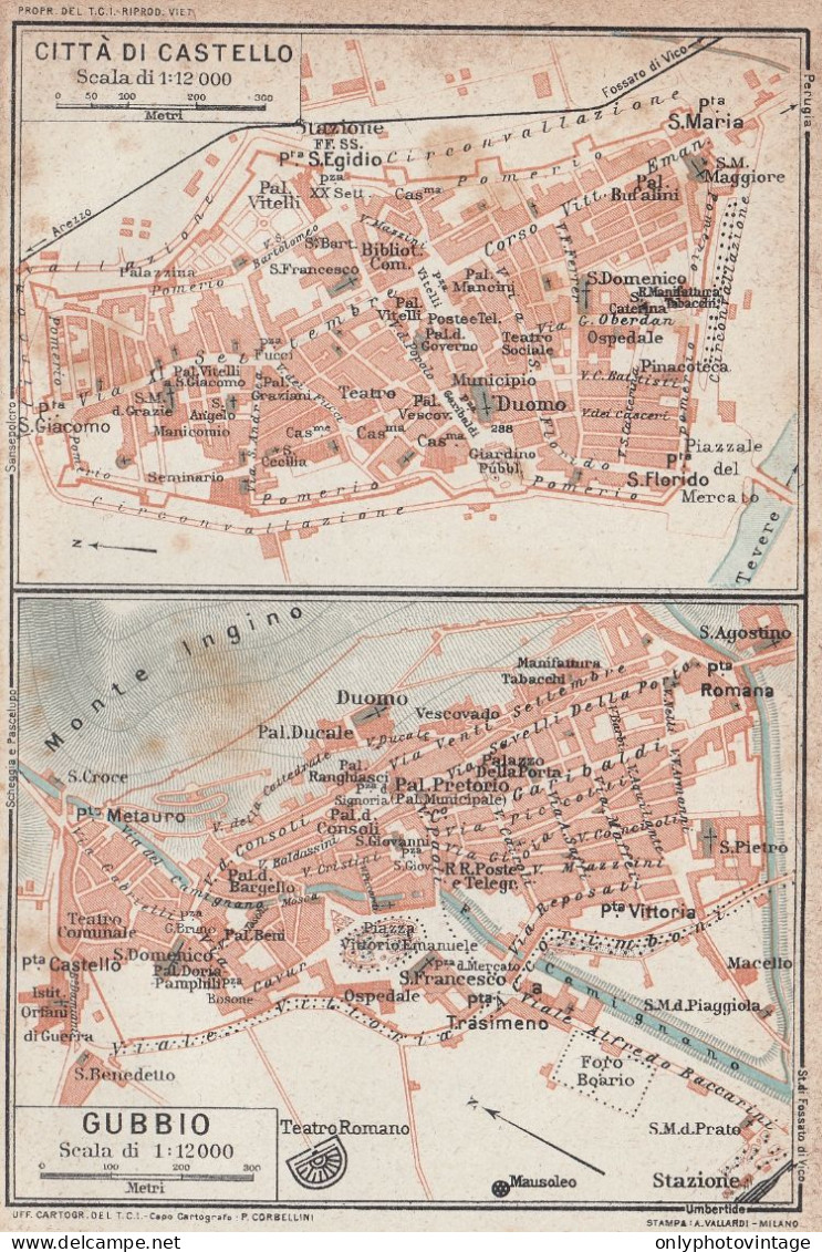 Piante Delle Città Di Gubbio E Città Di Castello - 1924 Vintage Map - Carte Geographique