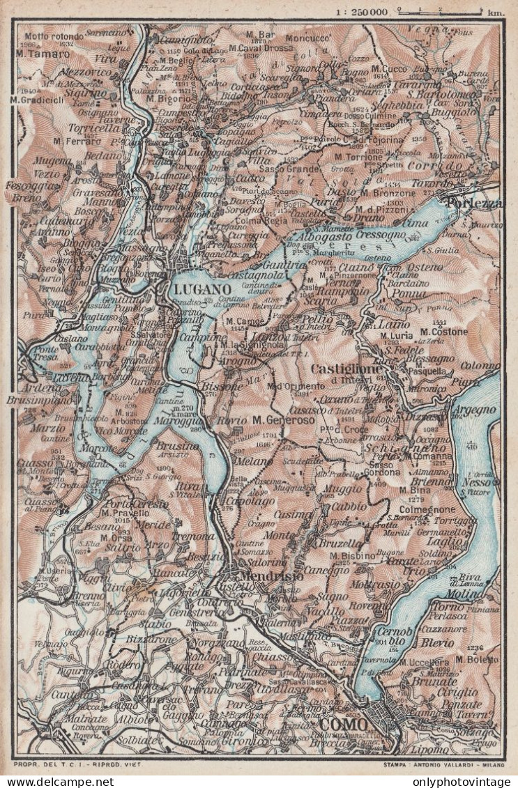 Como E Dintorni - Lago Di Lugano - Carta Geografica D'epoca - 1923 Old Map - Cartes Géographiques