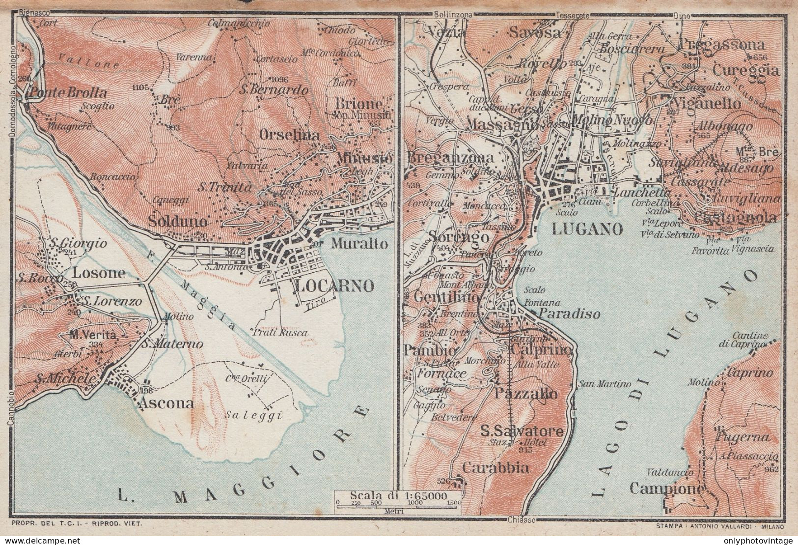 Locarno, Lugano E Dintorni - Carta Geografica D'epoca - 1923 Vintage Map - Cartes Géographiques