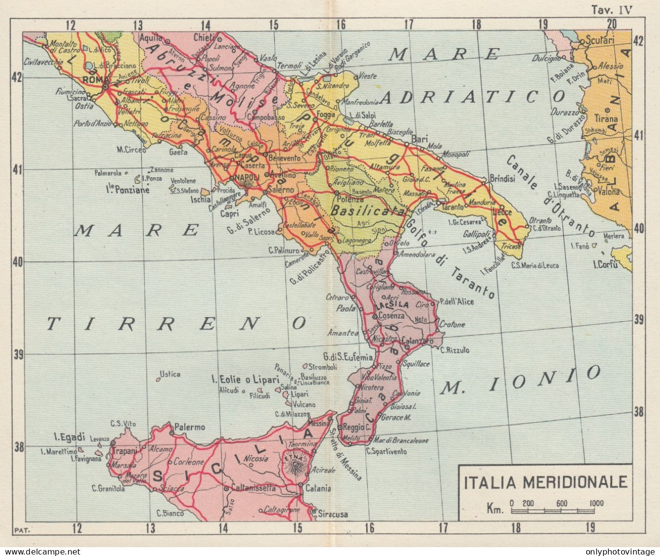 Italia Meridionale - Carta Geografica D'epoca - 1933 Vintage Map - Geographical Maps