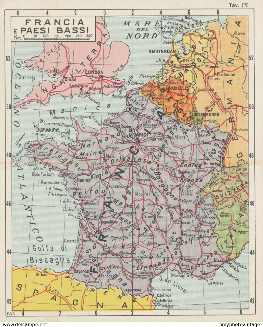 Francia E Paesi Bassi - Carta Geografica D'epoca - 1933 Vintage Map - Geographical Maps