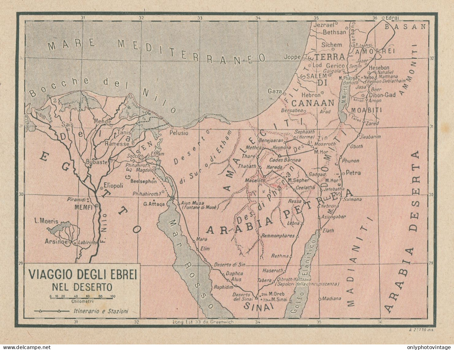 Viaggio Degli Ebrei Nel Deserto - Mappa Geografica D'epoca - 1942 Old Map - Geographische Kaarten