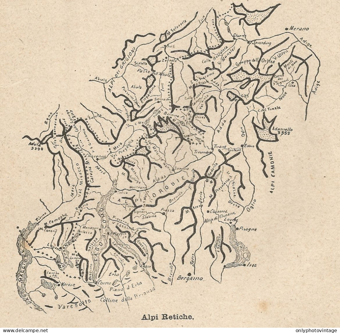 Italia - Alpi Retiche - Schizzo Geografico D'epoca - 1922 Vintage Map - Landkarten