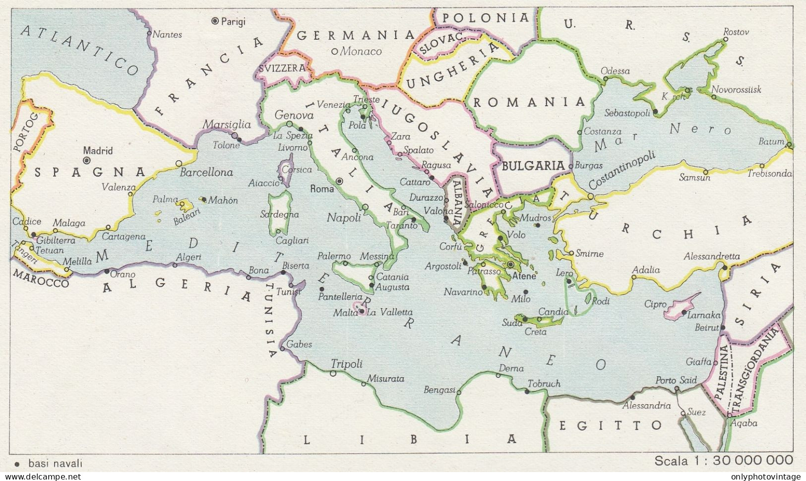 Il Mediterraneo Nel 1939 - Mappa D'epoca - 1943 Vintage Map - Geographical Maps