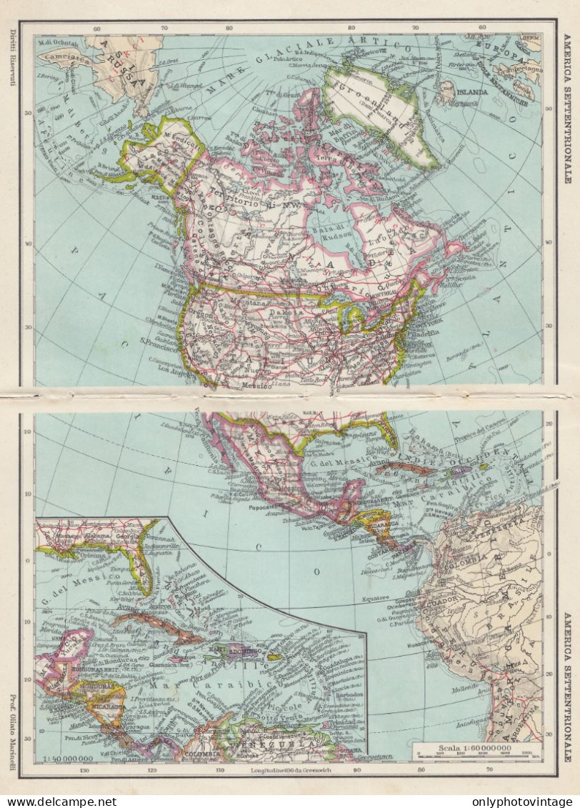 America Settentrionale - Carta Geografica D'epoca - 1936 Vintage Map - Cartes Géographiques