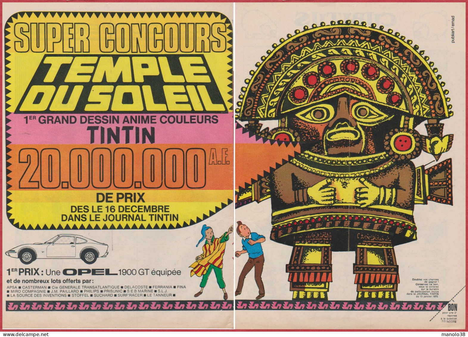 Super Concours Tintin. Temple Du Soleil. Pour La Sortie Du Film Au Cinéma. Hergé. 1969. - Publicidad