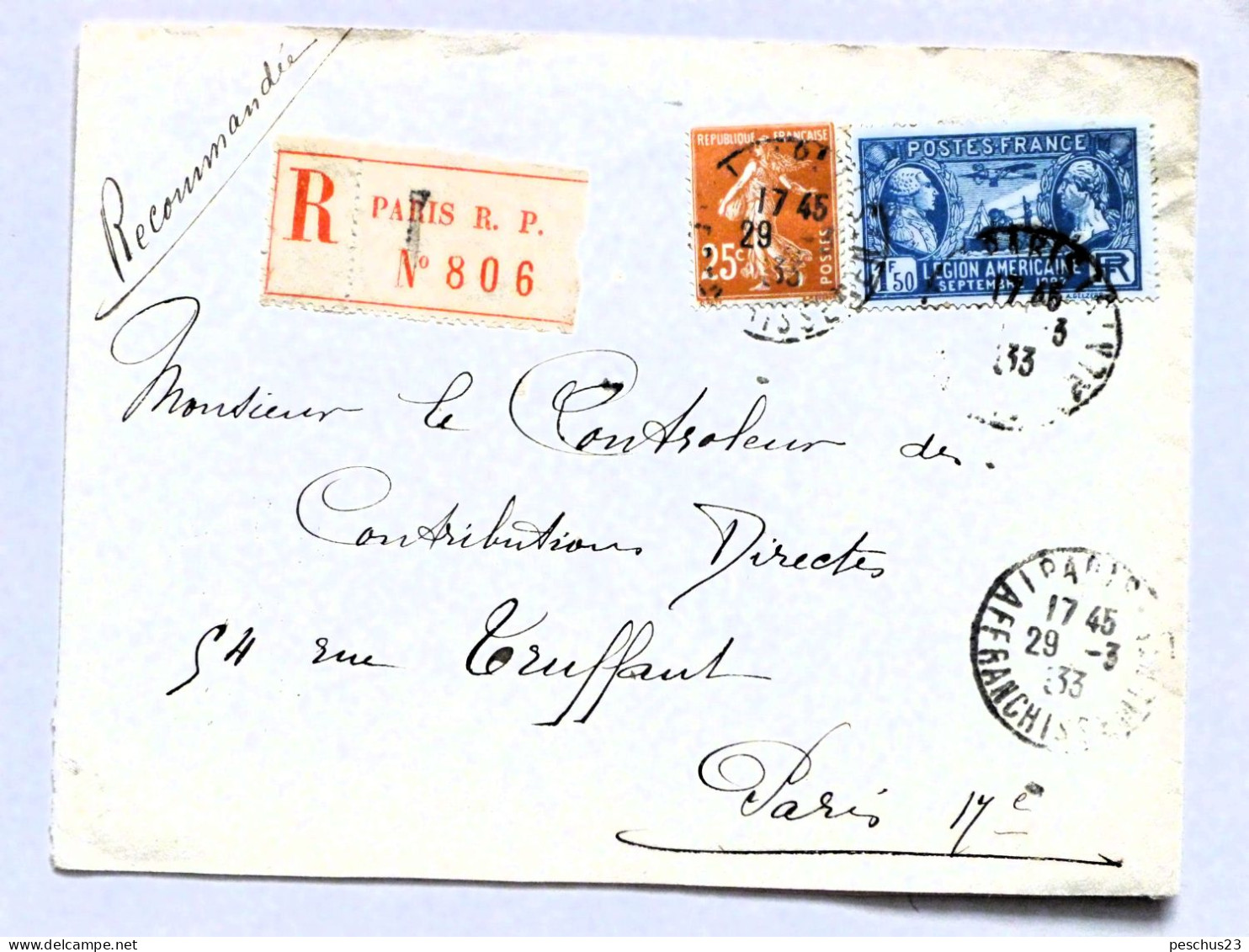 FRANCE - Lettre Reco. 1933, PARIS 29.3.33 - Affr.: 1f50 LÉGION AMÉRIC., 25C SEMEUSE - Covers & Documents