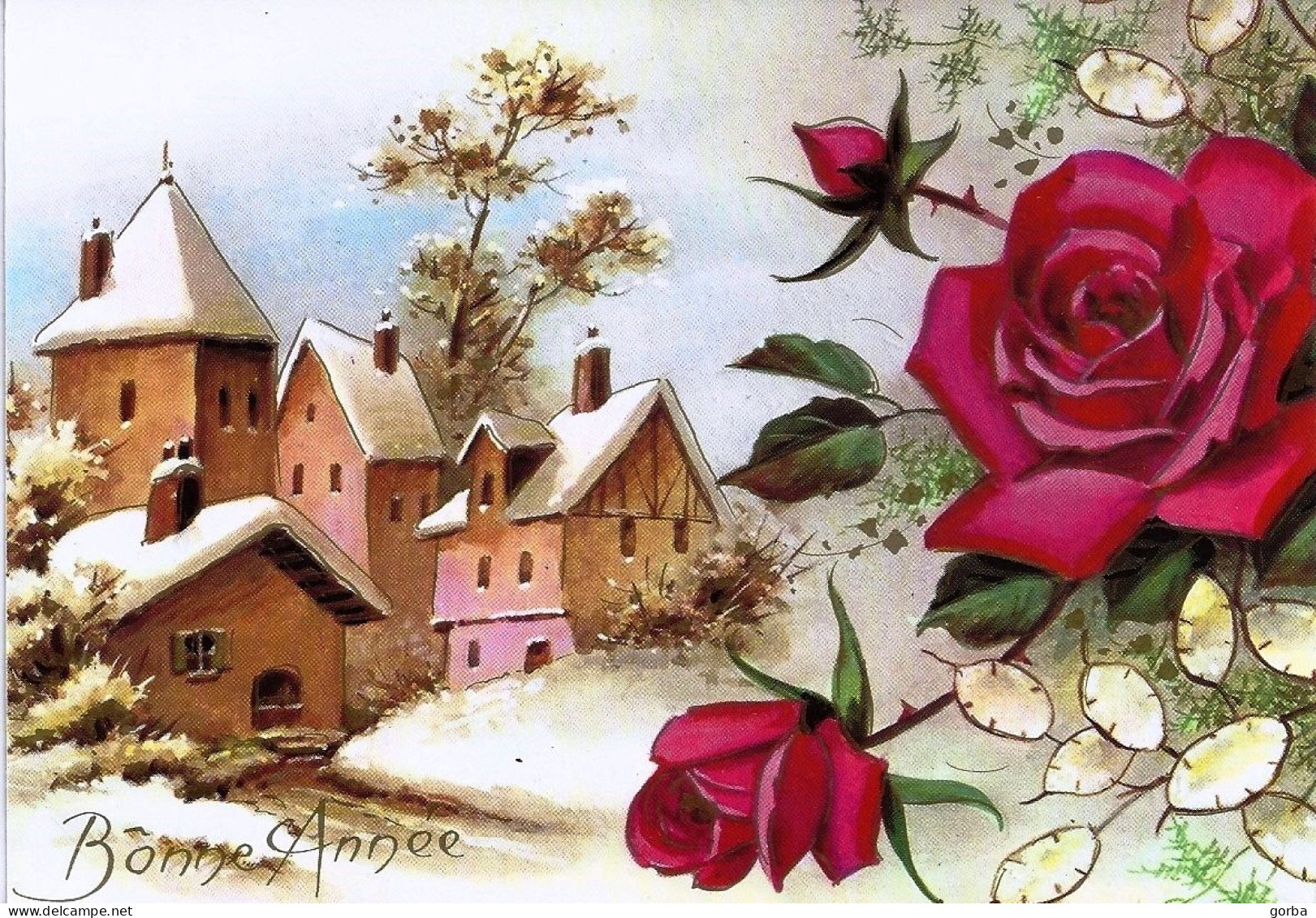 *CPM   - Bonne  Année - Paysage Enneigé, Roses - 10.5 X 15 - New Year