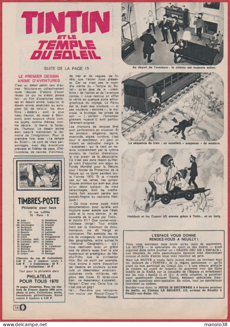 Tintin Et Le Temple Du Soleil. Reportage Pour La Sortie Du Film Au Cinéma. Hergé. Reportage Nicolas Gougon. 1969. - Historical Documents