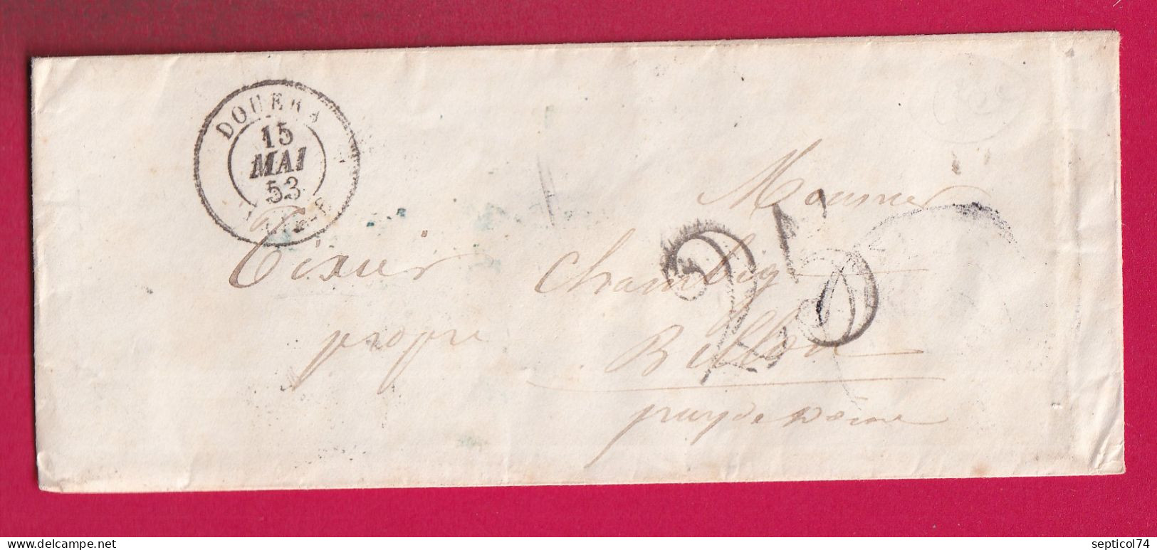 CAD TYPE 15 DOUERA ALGERIE TAXE TAMPO 25 POUR BELFORT BAS RHIN 1853 LETTRE - 1801-1848: Précurseurs XIX