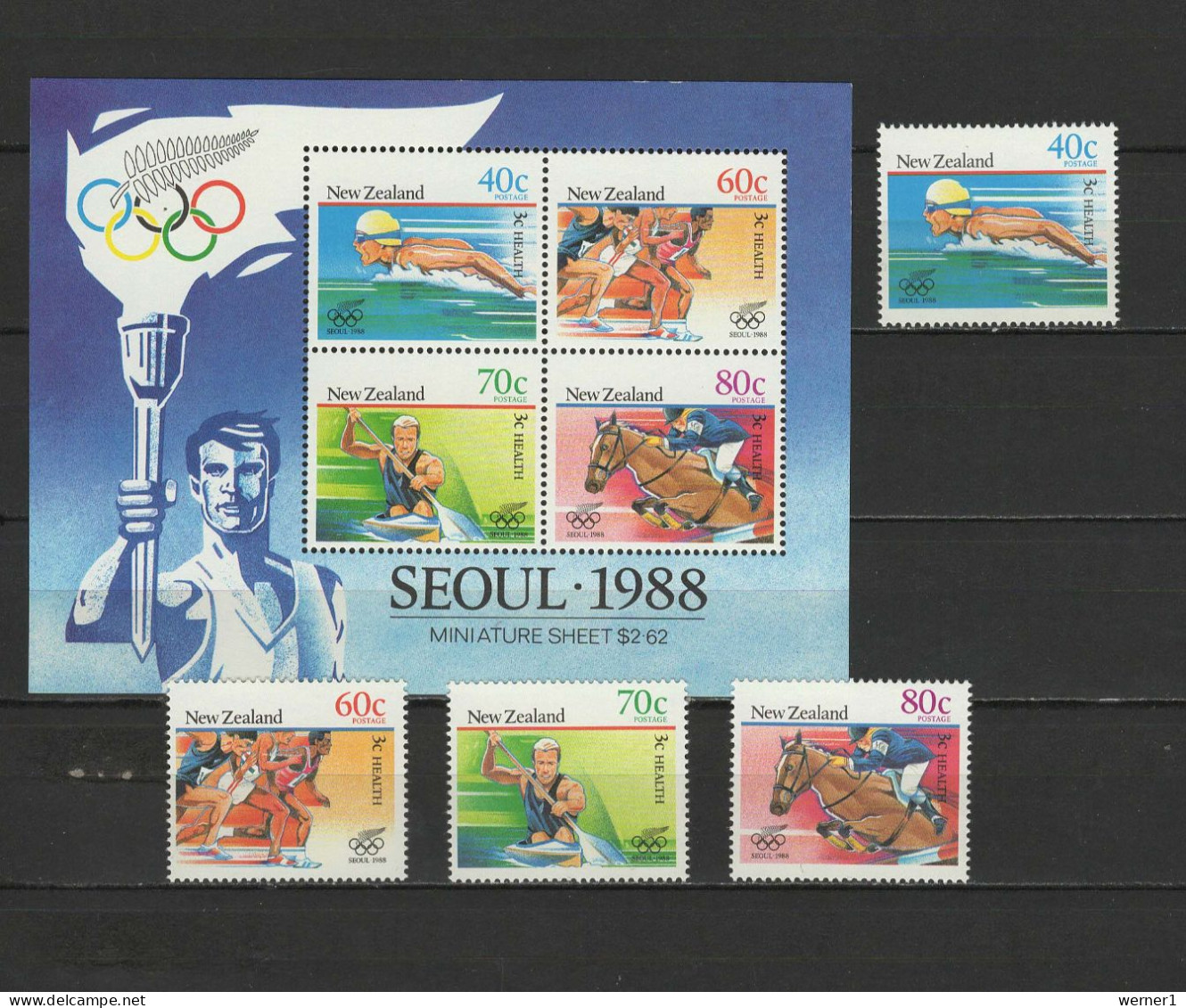 New Zealand 1988 Olympic Games Seoul, Swimming, Athletics, Kayaking, Equestrian Set Of 4 + S/s MNH - Estate 1988: Seul