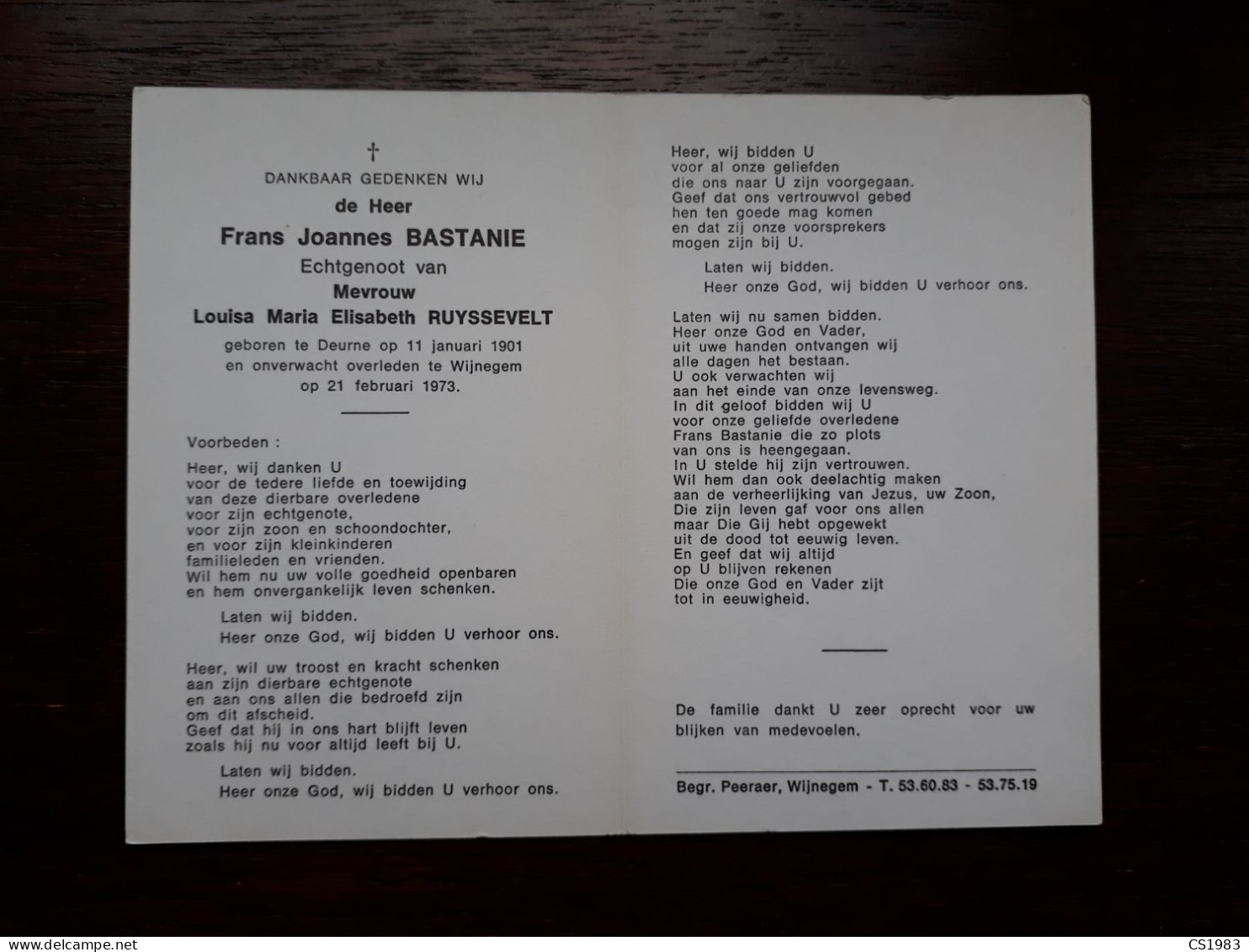 Frans Joannes Bastanie ° Deurne 1901 + Wijnegem 1973 X Louisa Maria Elisabeth Ruyssevelt - Avvisi Di Necrologio