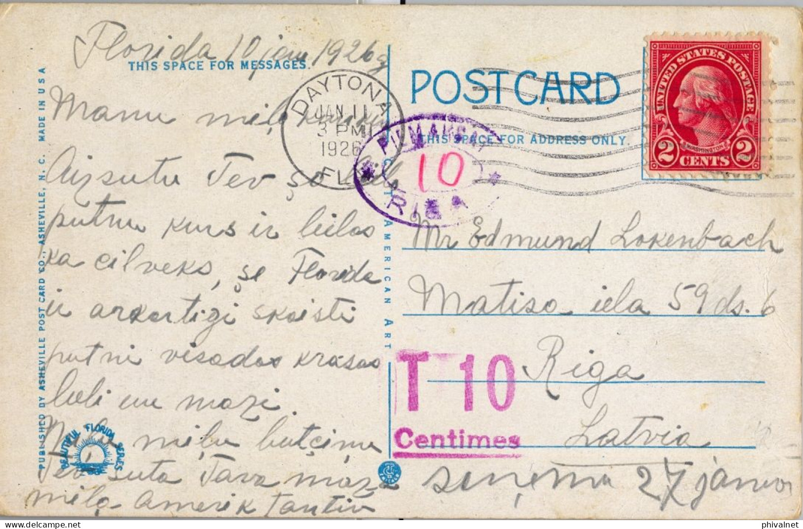 1926 DAYTONA - RIGA ( LETONIA ) , T.P. CIRCULADA , TASA , TAX , TAXE , " PIEMAKSAT " , THE GREAT BLUE HERON , BIRDS - Covers & Documents