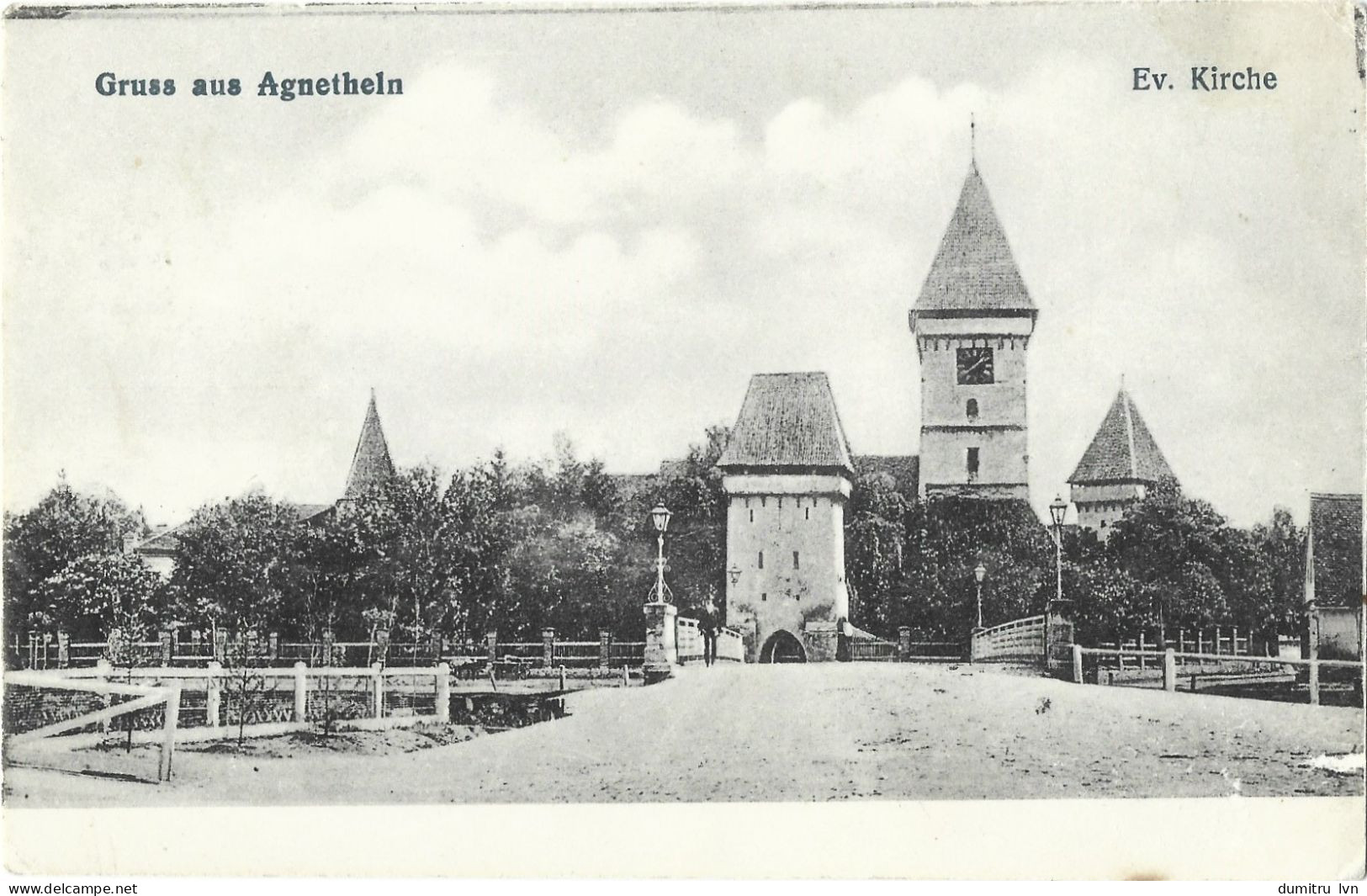 ROMANIA GREETINGS FROM AGNITA (SIBIU COUNTY) - THE EVANGELICAL CHURCH, BUILDING, ARCHITECTURE, CLOCK TOWER, PEOPLE - Romania