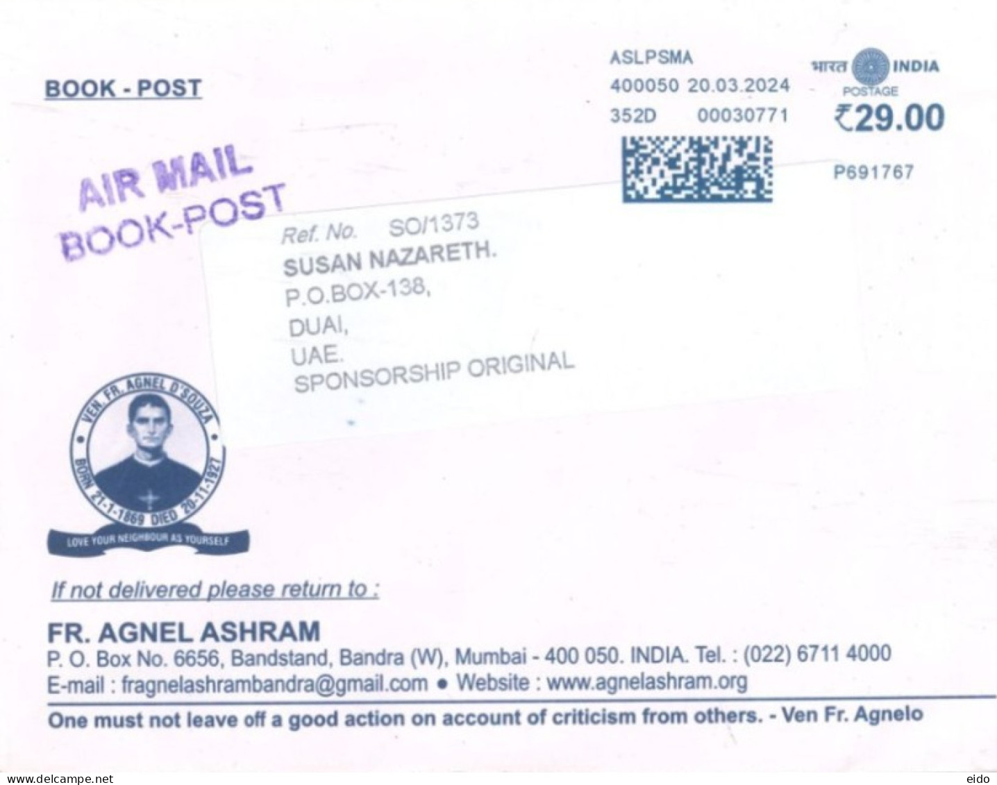 INDIA - 2024 - POSTAL FRANKING MACHINE COVER TO DUBAI. - Briefe U. Dokumente